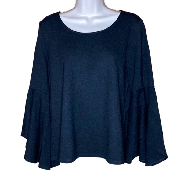Halston | Black Knit Top 3/4 Length Bell Sleeve M - Picture 1 of 5